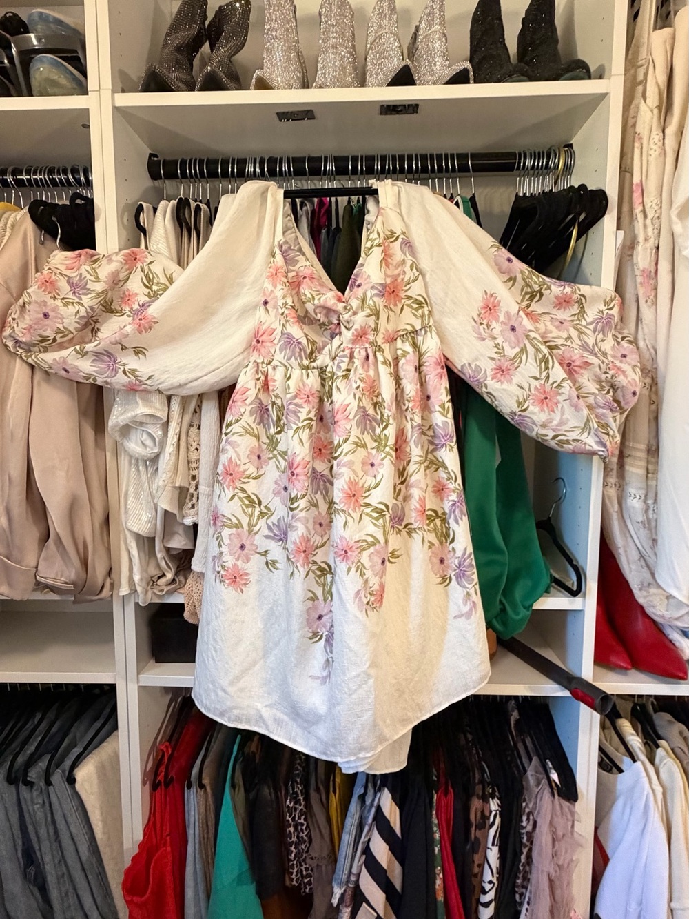 Express Cream Floral Mini Dress with Pink & Green Blooms